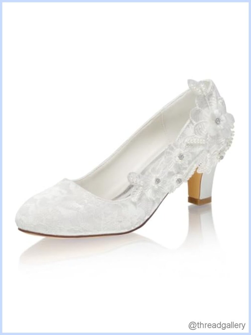 Women's Wedding Shoes Closed Toe Chunky Heel Satin Pumps with Rhinestone Lace